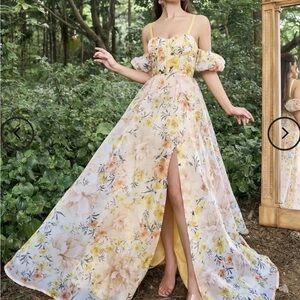 FAERIESTY Floral Yellow Off-Shoulder Maxi Dress